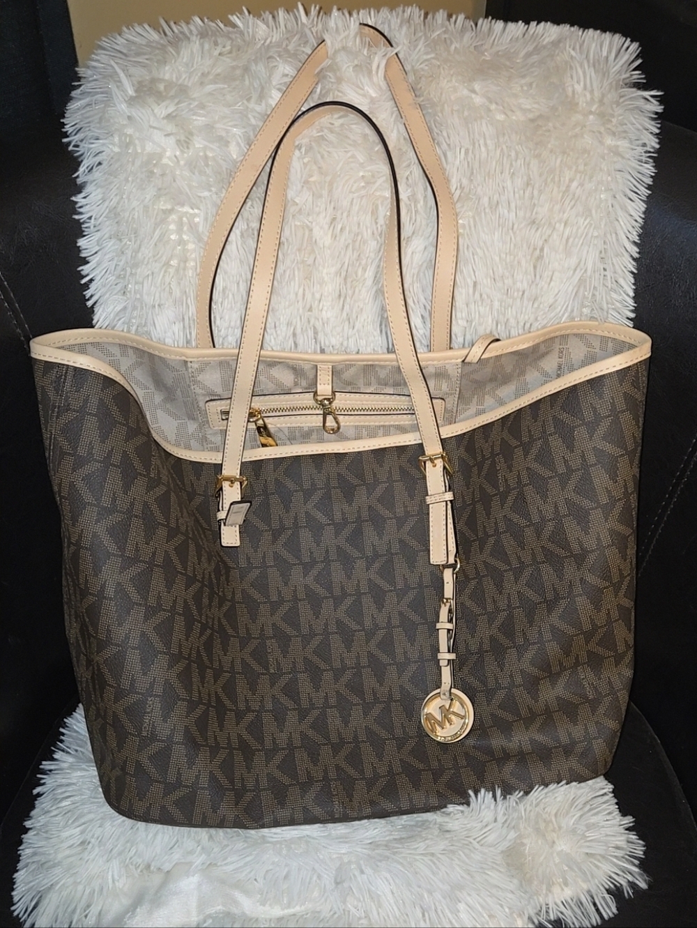 Michael Kors Brown Logo Tote with Beige Trim and Gold Charm